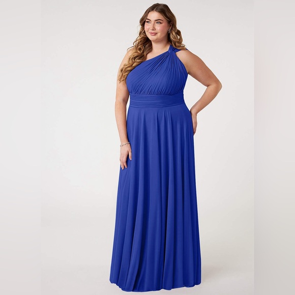 Azazie Charlize A-Line One Shoulder Mesh Floor-Length Dress Royal Blue - Picture 2 of 8